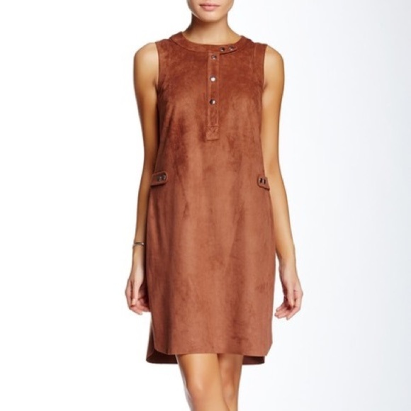 [1.State] Brown Faux Suede Henley Sleeveless Dress - Picture 1 of 12